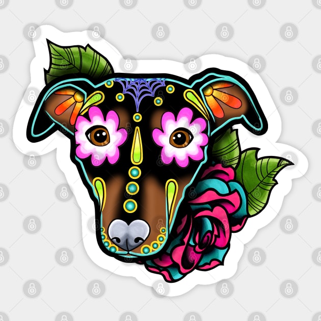 Min Pin with Floppy Ears - Day of the Dead Sugar Skull Dog Sticker by prettyinink